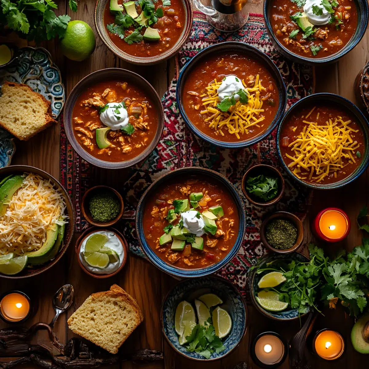 Overhead dinner spread of chicken enchilada soup with cornbread and assorted toppings