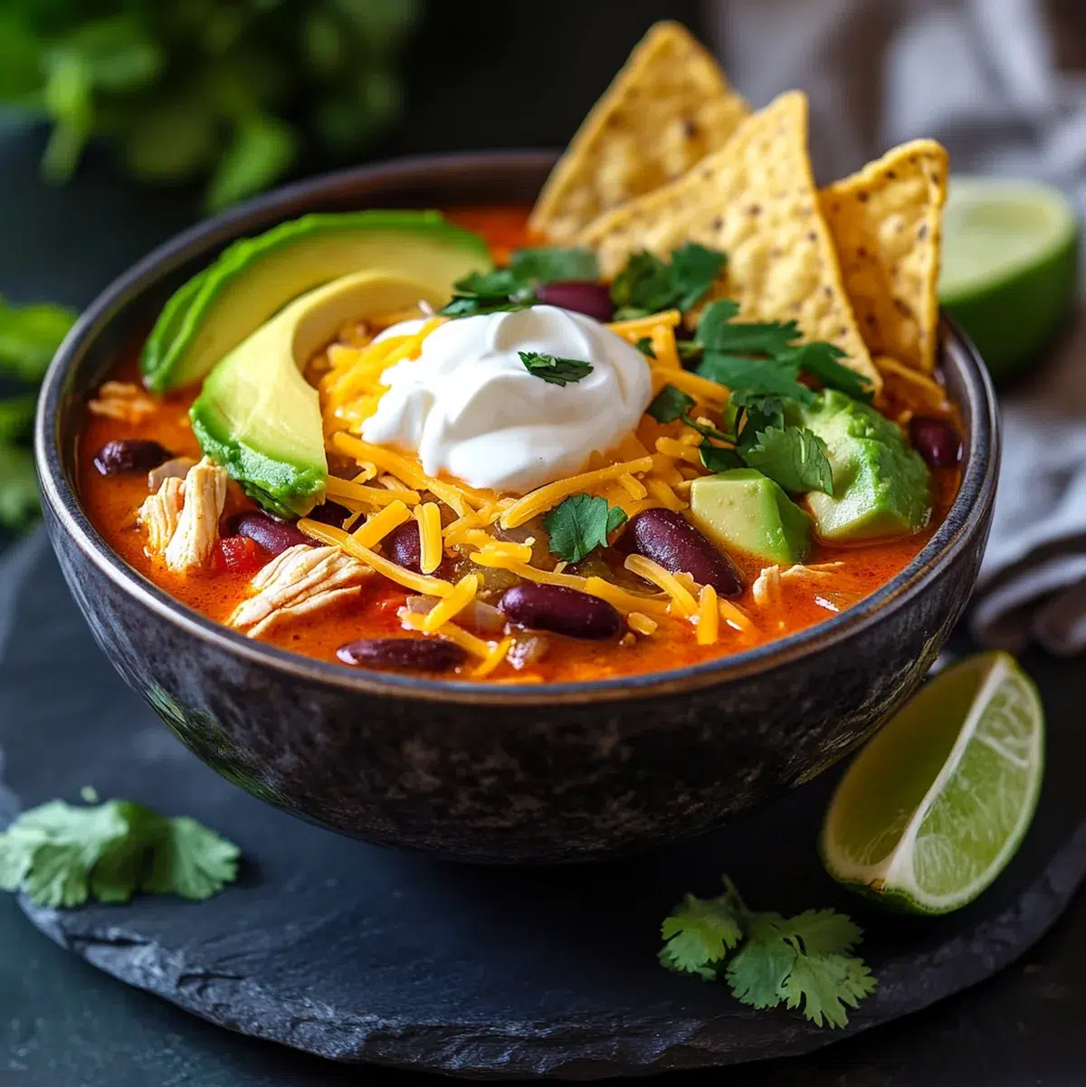 Styled bowl of chicken enchilada soup garnished with avocado, cheese, sour cream, cilantro, and lime