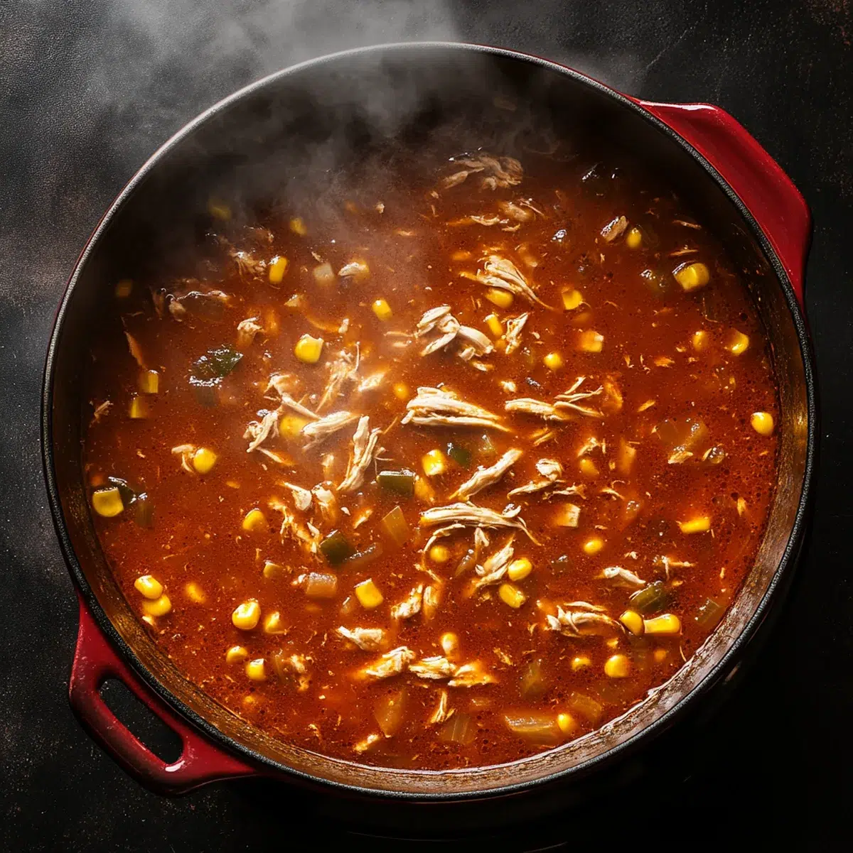 Top-down view of chicken enchilada soup simmering in a Dutch oven with shredded chicken, corn, and peppers