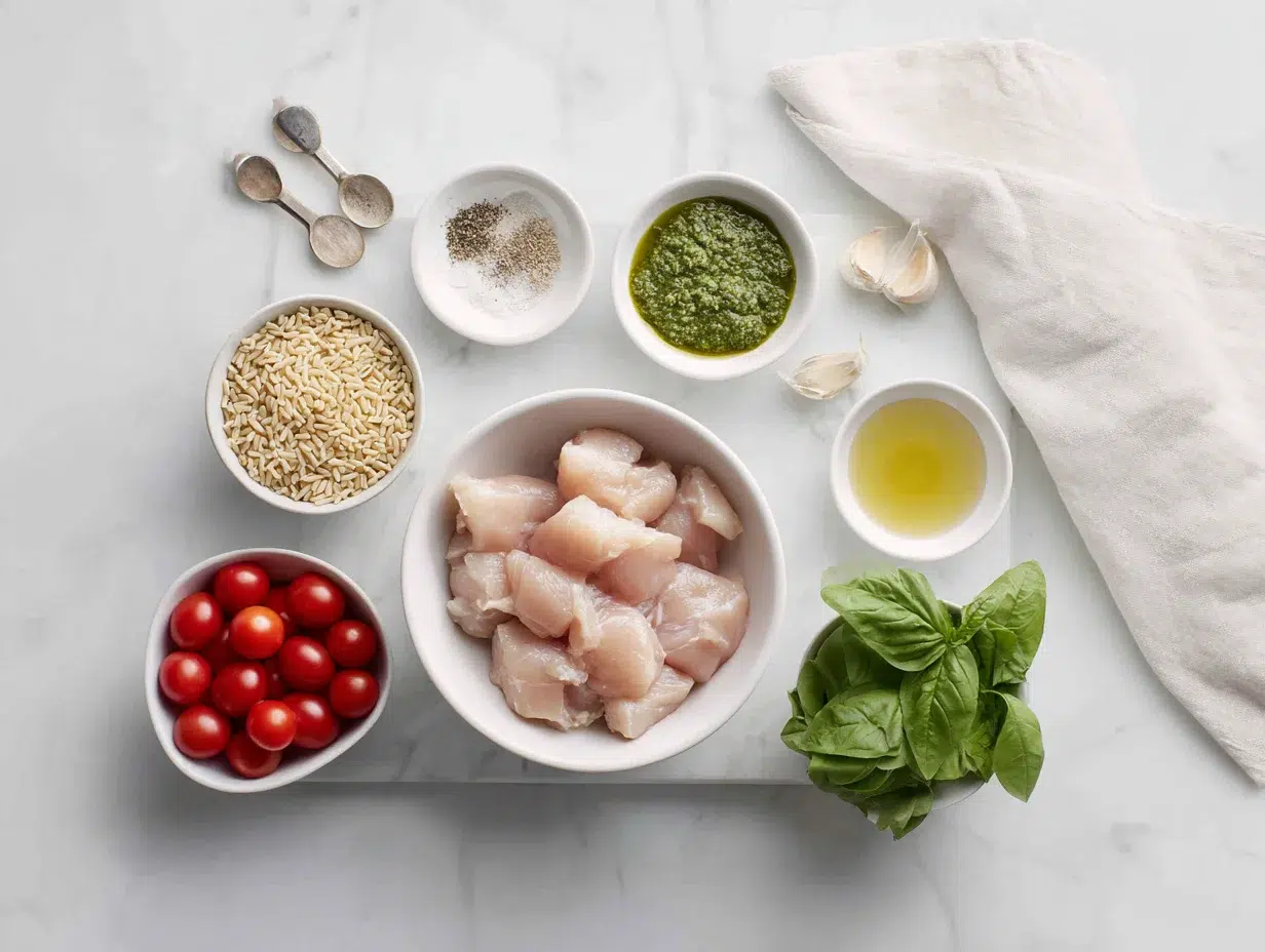 Savory Chicken Spinach Tomato Orzo: Quick Dinner 3 All ingredients measured and laid out on a cutting board