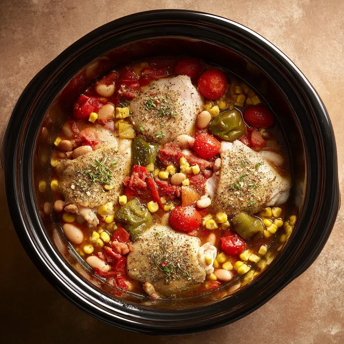 Chicken Taco Soup: 7 Delicious Ways to Enjoy It 4 Slow cooker loaded with chicken taco soup ingredients before cooking