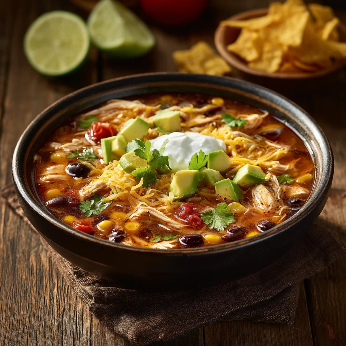 Chicken Taco Soup: 7 Delicious Ways to Enjoy It 2 A bowl of chicken taco soup loaded with shredded chicken, black beans, corn, and topped with avocado and sour cream