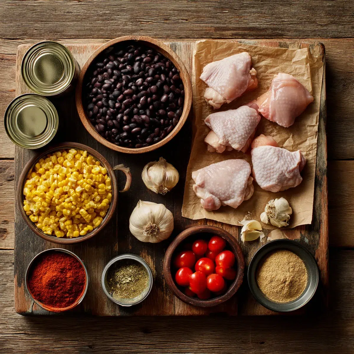 Chicken Taco Soup: 7 Delicious Ways to Enjoy It 3 Flat lay of chicken taco soup ingredients including chicken thighs, black beans, corn, fire-roasted tomatoes, and taco seasoning