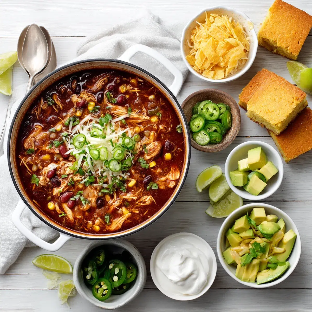 Chicken Taco Soup: 7 Delicious Ways to Enjoy It 7 Overhead view of a chicken taco soup dinner spread with cornbread, toppings, and lime wedges