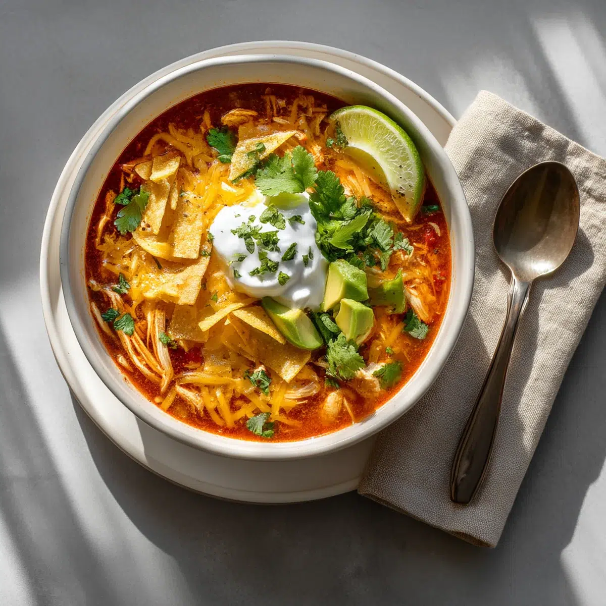 Chicken Taco Soup: 7 Delicious Ways to Enjoy It 6 Bowl of chicken taco soup garnished with fresh cilantro, tortilla strips, and lime wedges