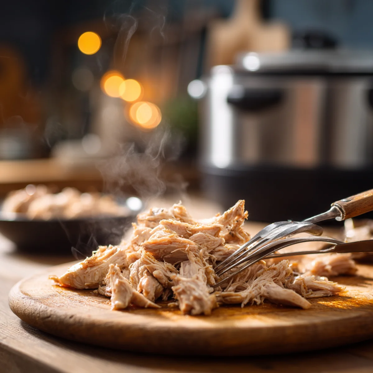 Chicken Taco Soup: 7 Delicious Ways to Enjoy It 5 Tender chicken being shredded with two forks on a cutting board for taco soup