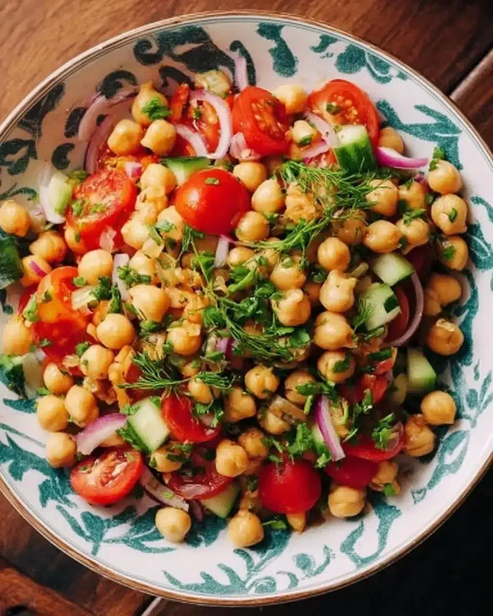Colorful chickpea salad with fresh vegetables and herbs in a bowl