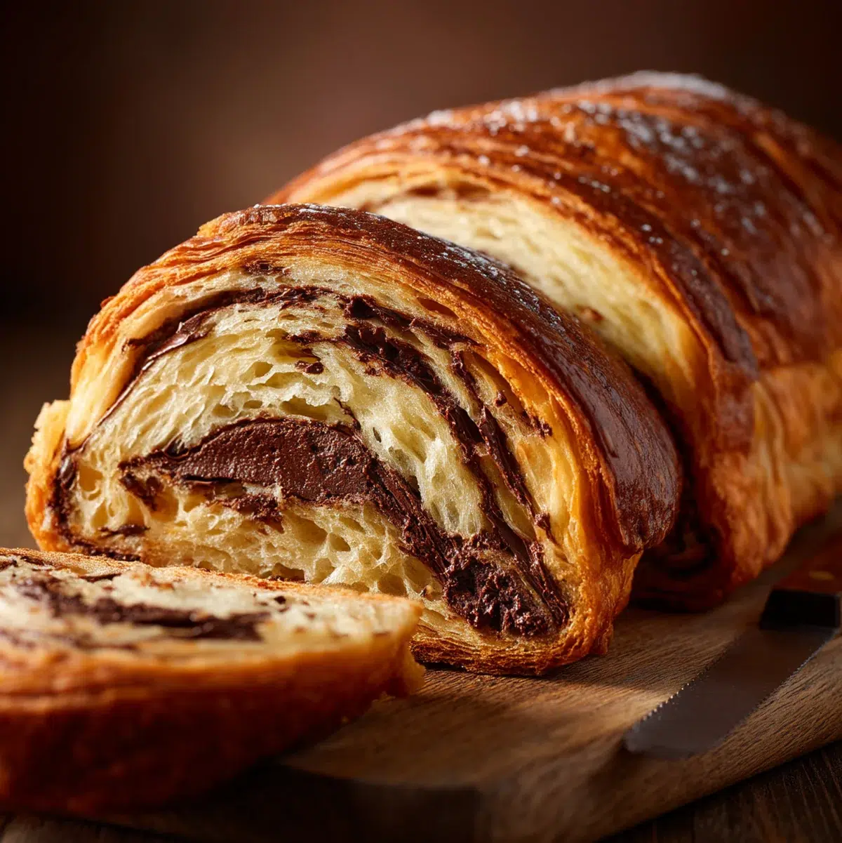 Cross section of chocolate croissant loaf showing distinct flaky layers and ribbons of melted chocolate throughout