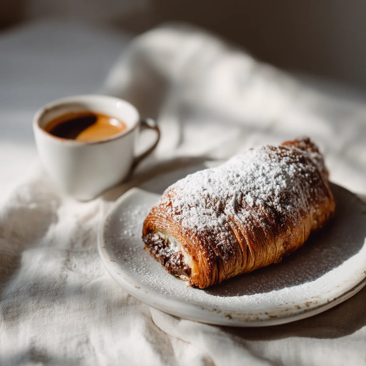 Elegant slice of chocolate croissant loaf on white plate with coffee cup and powdered sugar dusting