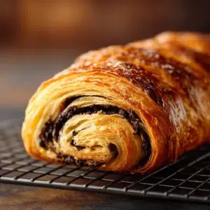 Golden chocolate croissant loaf fresh from oven with visible chocolate swirls and flaky layers on cooling rack