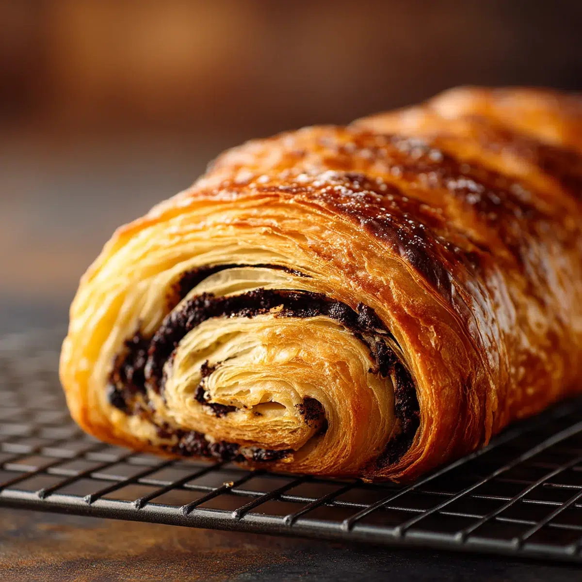 Golden chocolate croissant loaf fresh from oven with visible chocolate swirls and flaky layers on cooling rack