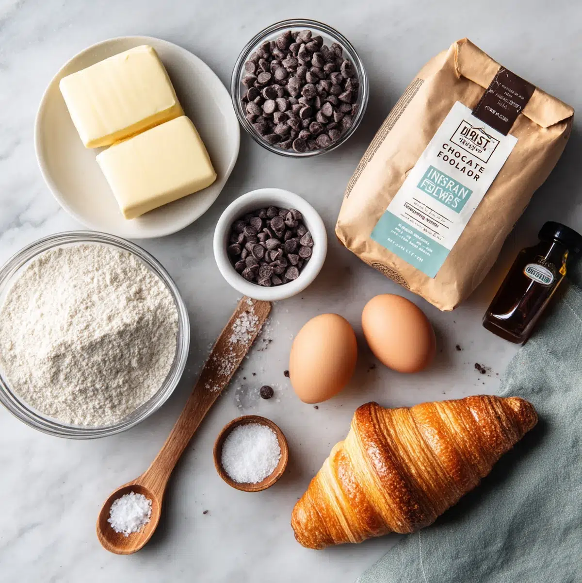 Ingredients for chocolate croissant loaf arranged on marble surface including flour, butter, chocolate chips, eggs and yeast
