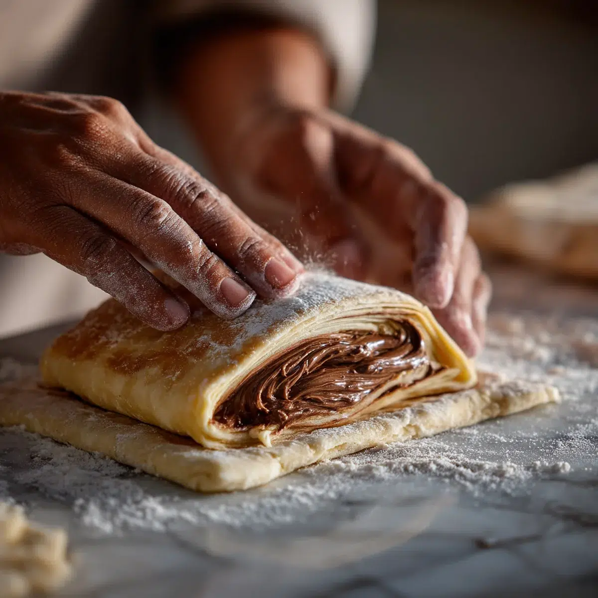 Hands folding chocolate mixture into laminated croissant dough showing distinct butter layers