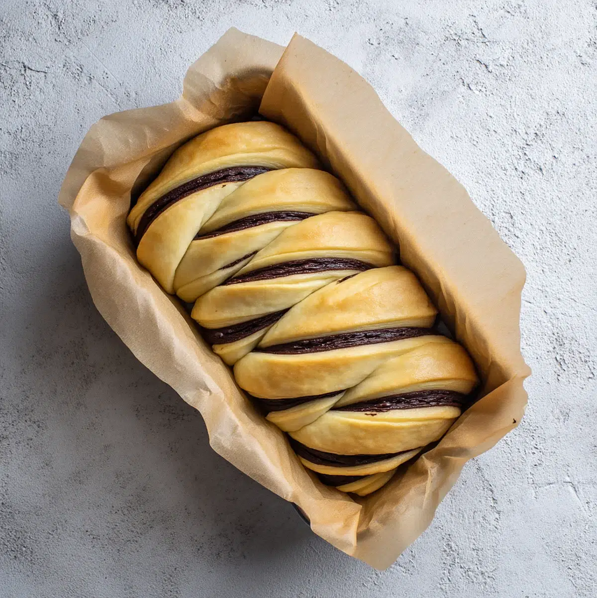 Shaped chocolate croissant loaf in loaf pan before baking showing chocolate ribbons visible through dough