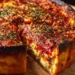 A slice of classic Chicago deep dish pizza with layers of cheese and toppings
