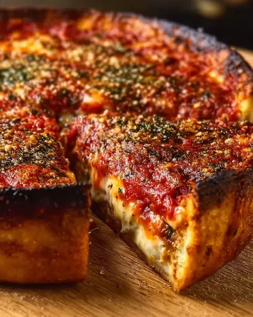 A slice of classic Chicago deep dish pizza with layers of cheese and toppings