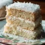 Slice of Classic Coconut Cake garnished with shredded coconut and frosting