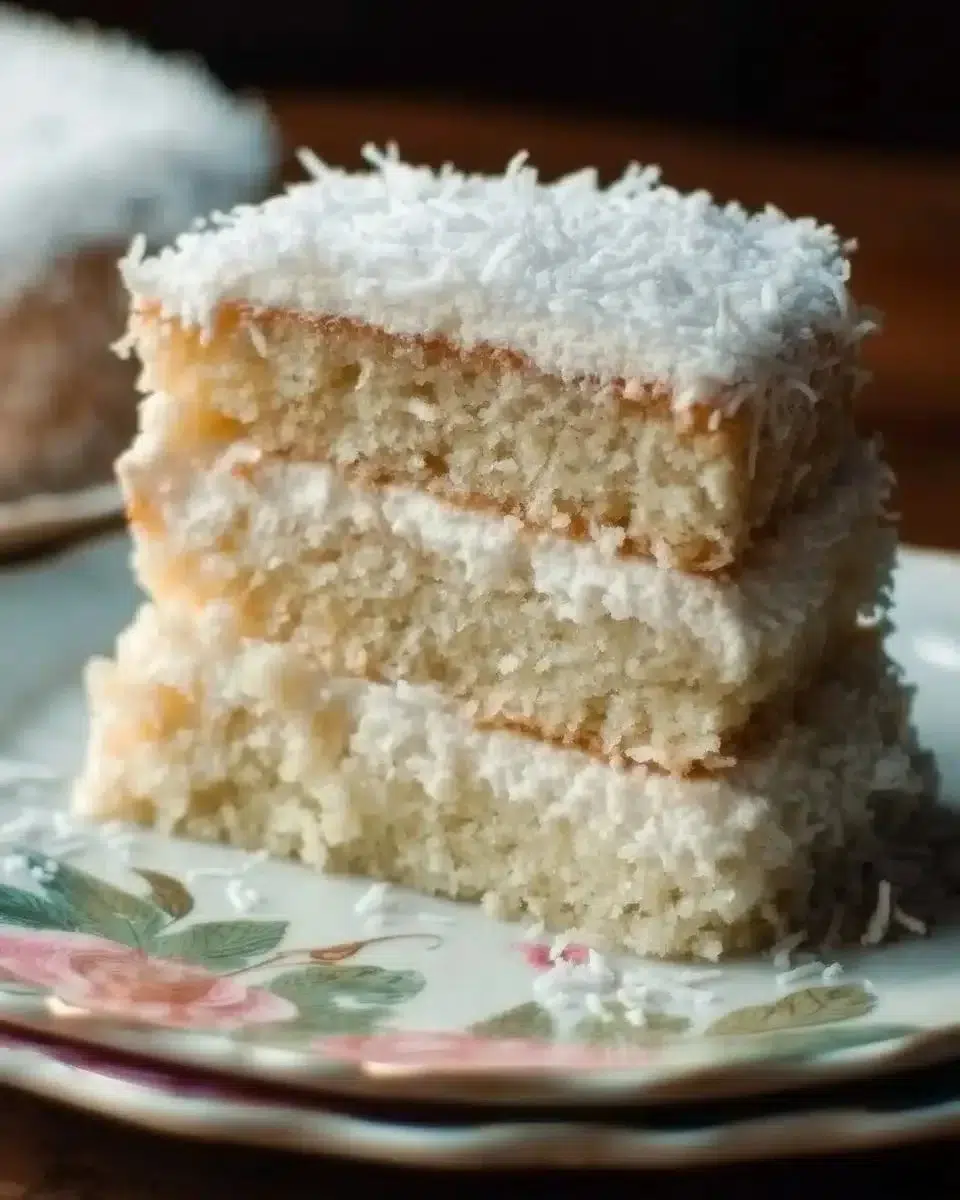 Classic Coconut Cake 1 Slice of Classic Coconut Cake garnished with shredded coconut and frosting