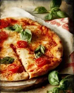 Homemade Classic Neapolitan Margherita pizza with fresh basil and mozzarella.