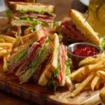Delicious club sandwich with layers of turkey, bacon, and fresh vegetables