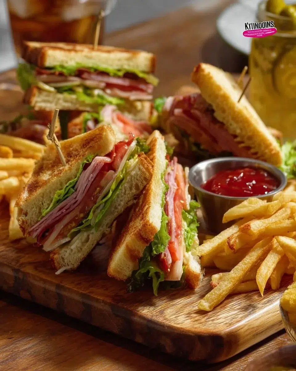 Delicious club sandwich with layers of turkey, bacon, and fresh vegetables