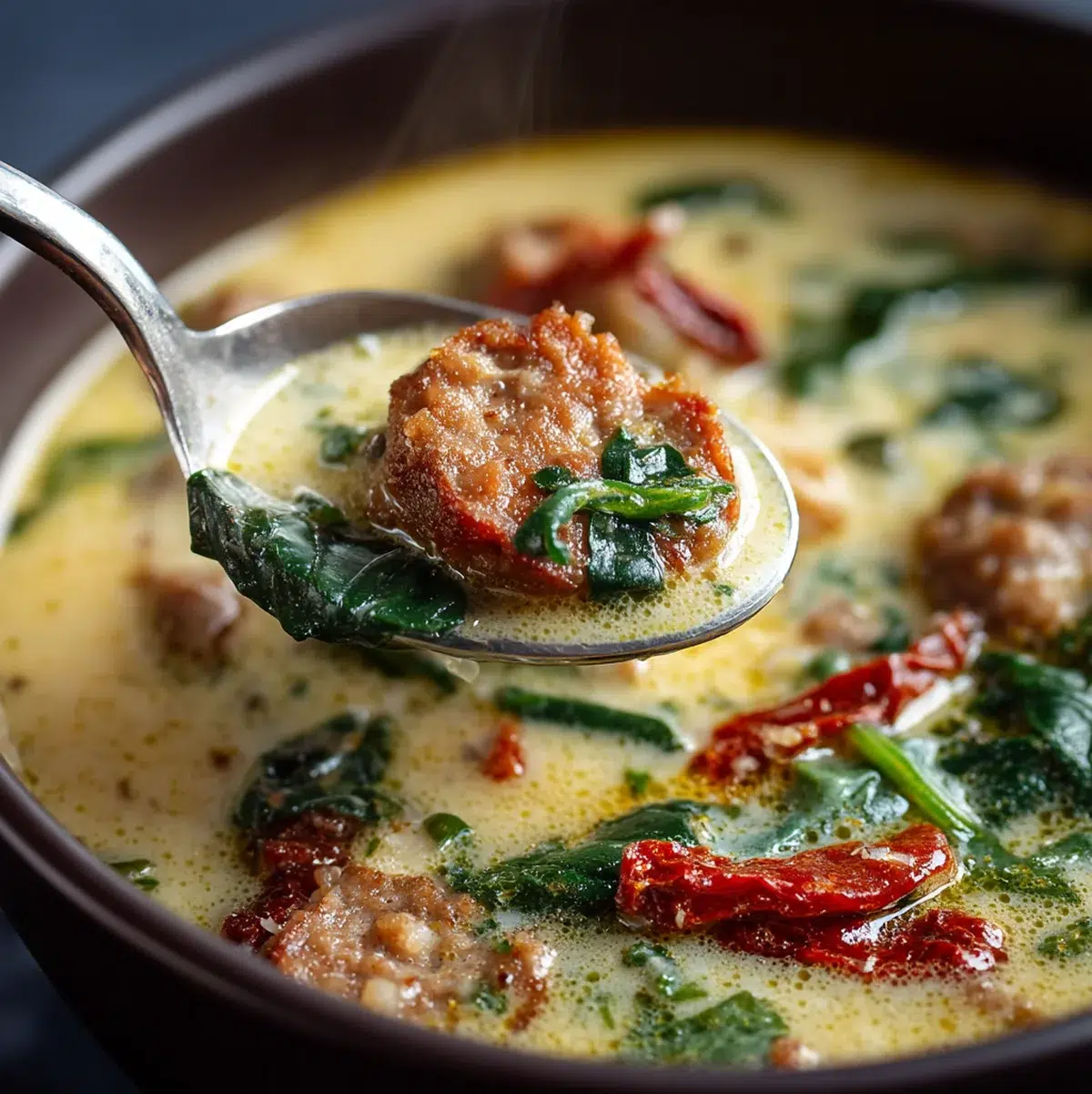 Table setting showing creamy keto Italian sausage soup with side salad parmesan crisps and garnishes