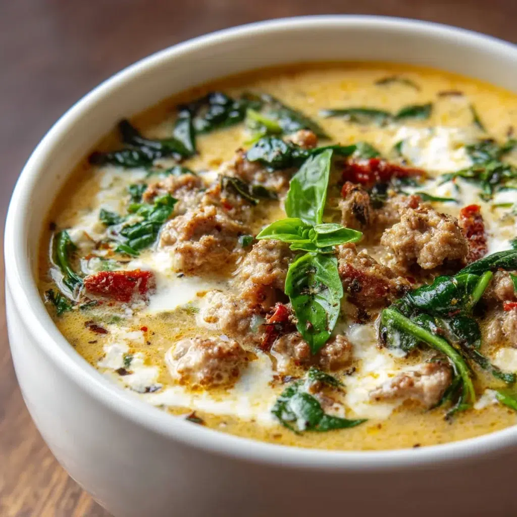 Creamy keto Italian sausage soup in white bowl with spinach sun-dried tomatoes and melted cream cheese
