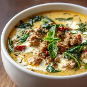 Creamy Keto Italian Sausage Soup 6 Creamy keto Italian sausage soup in white bowl with spinach sun-dried tomatoes and melted cream cheese