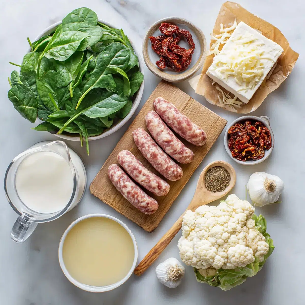 Raw halal Italian sausage links on a cutting board with herbs