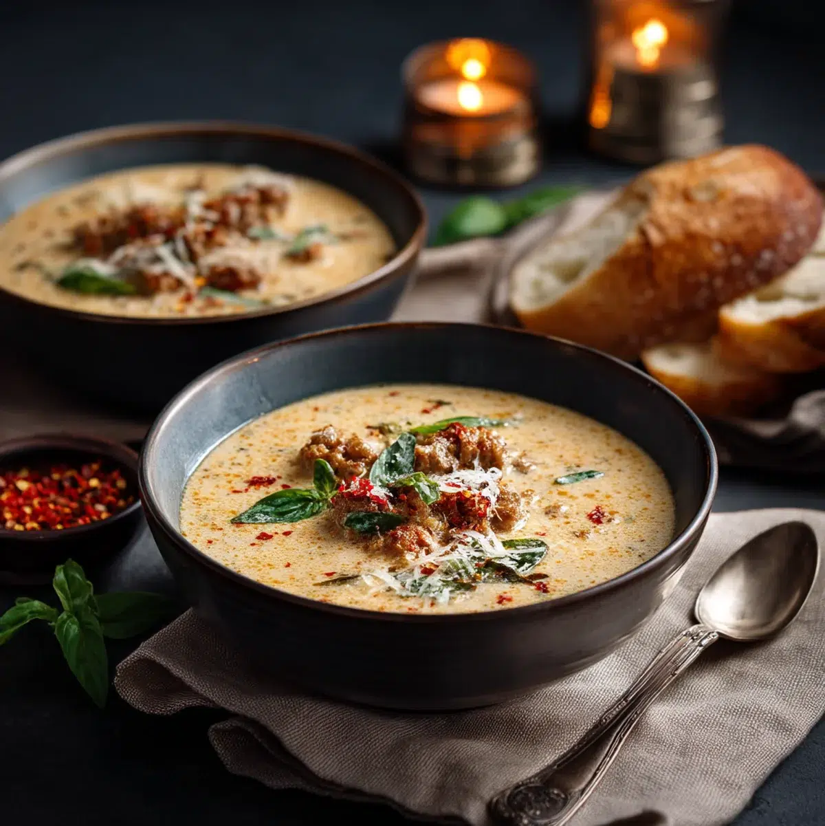 Final glamour shot of creamy keto Italian sausage soup in elegant bowls with fresh herbs and parmesan