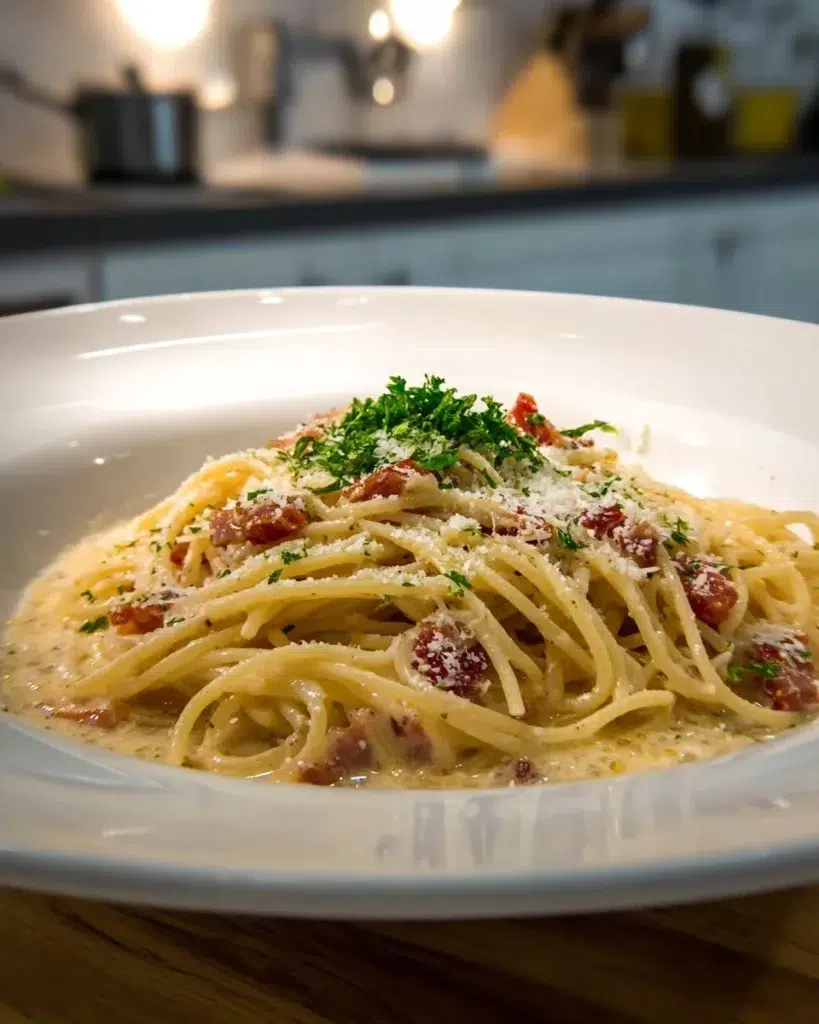 Delicious creamy spaghetti carbonara garnished with parsley and black pepper