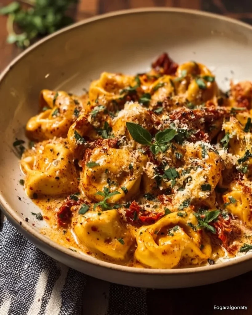 Creamy sun-dried tomato tortellini dish garnished with fresh herbs