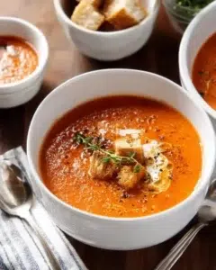 Creamy tomato soup served in a bowl, garnished with fresh herbs.