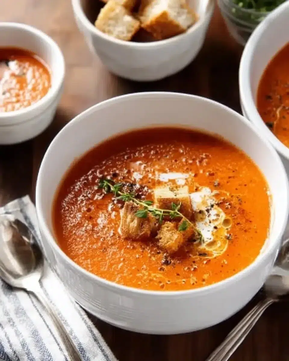 Creamy tomato soup served in a bowl, garnished with fresh herbs.