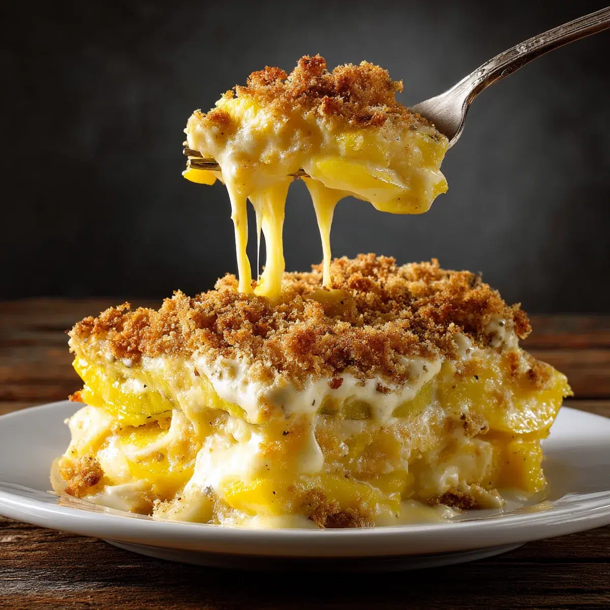 A slice of golden yellow squash casserole on a white plate garnished with fresh herbs, showing the creamy interior and crispy cracker topping