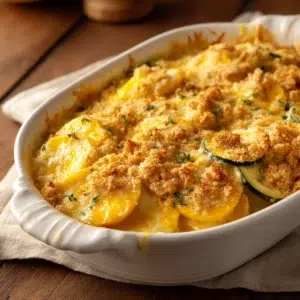 Creamy yellow squash casserole in white baking dish with golden Ritz cracker topping and melted cheddar cheese