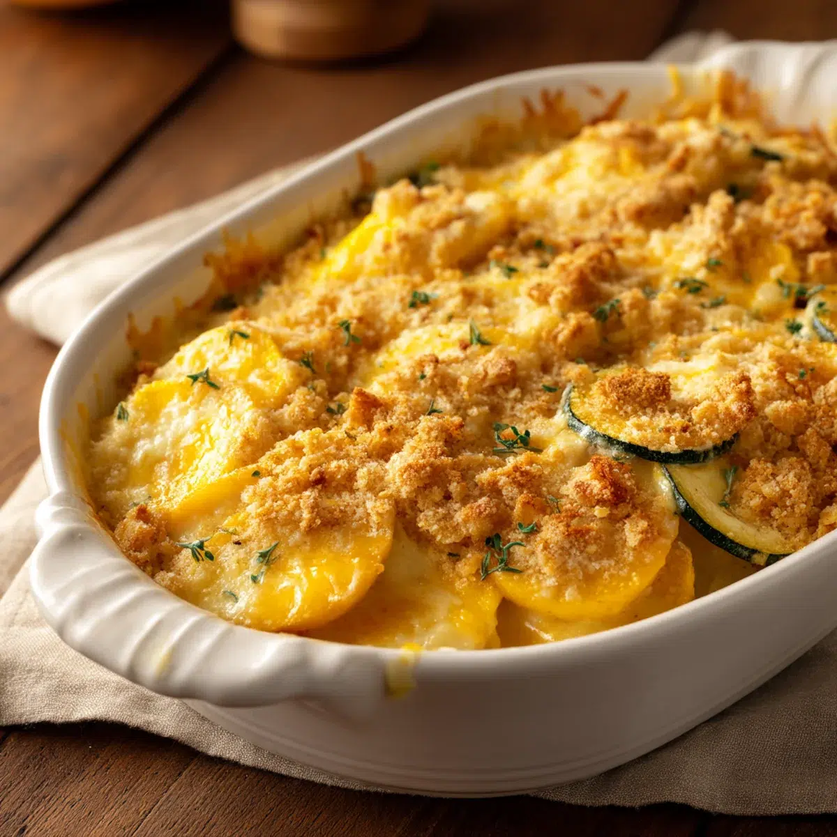 Creamy yellow squash casserole in white baking dish with golden Ritz cracker topping and melted cheddar cheese