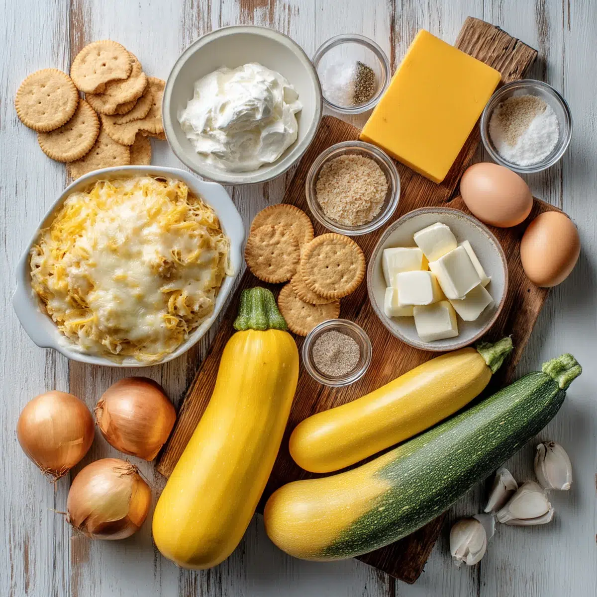 Fresh yellow squash, onions, butter, sour cream, cheddar cheese, eggs and Ritz crackers arranged on a wooden cutting board