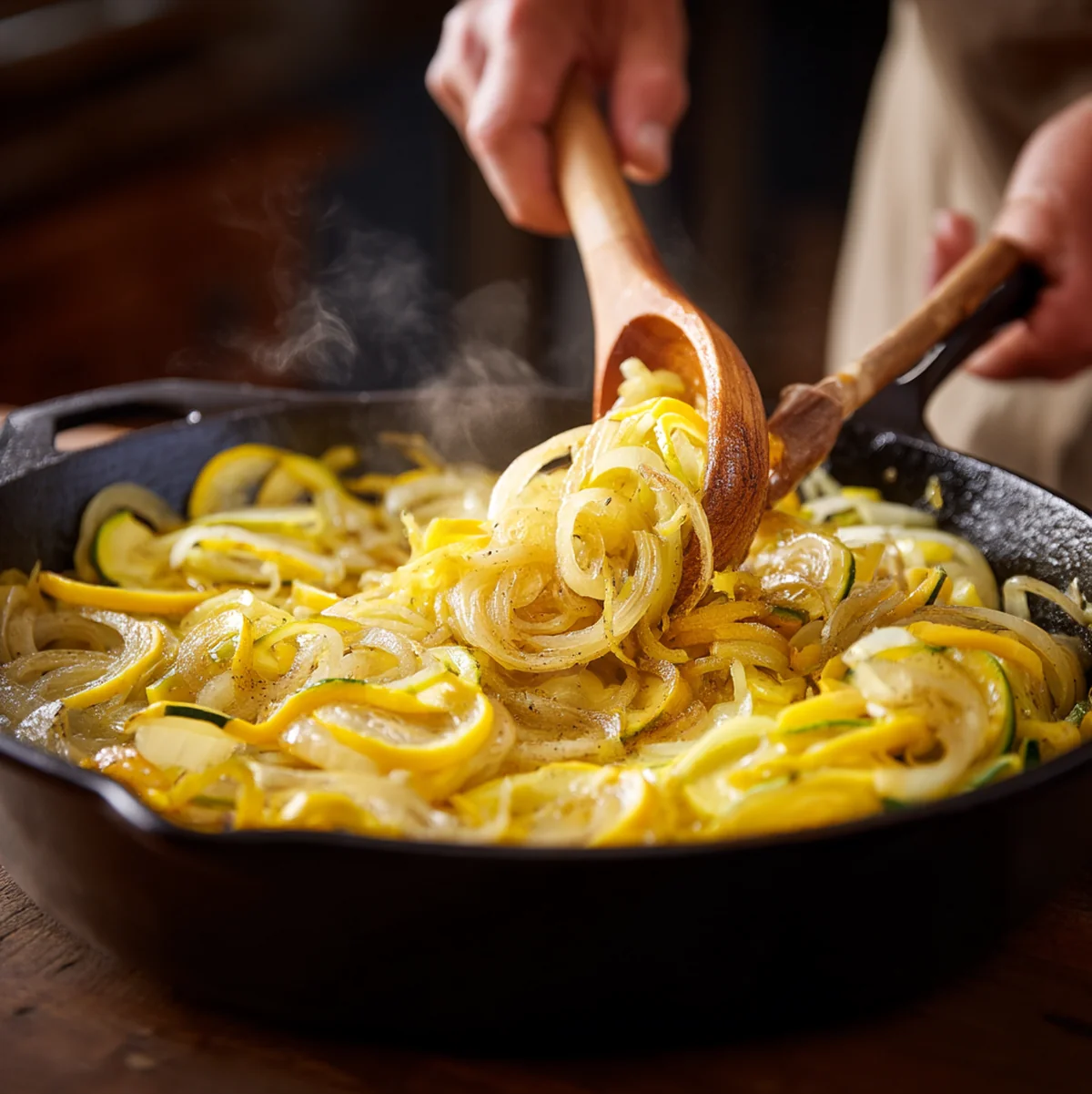 Step-by-step process showing sliced yellow squash being sautéed in a skillet, then mixed with creamy sauce and topped with crushed crackers