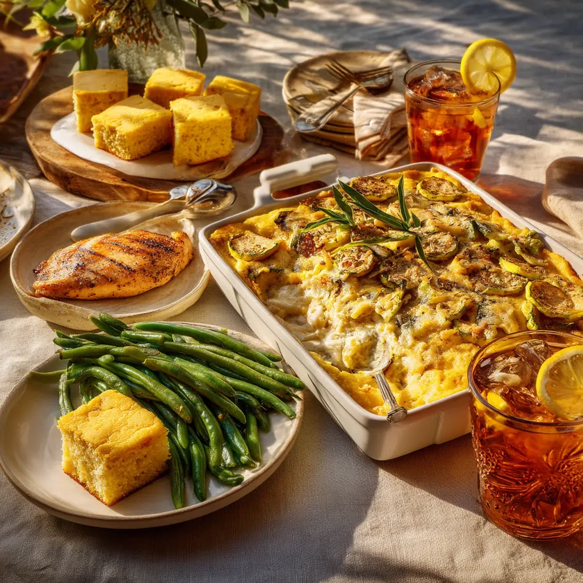 Yellow squash casserole served alongside grilled chicken, cornbread, green beans, and other Southern comfort food dishes on a rustic wooden table