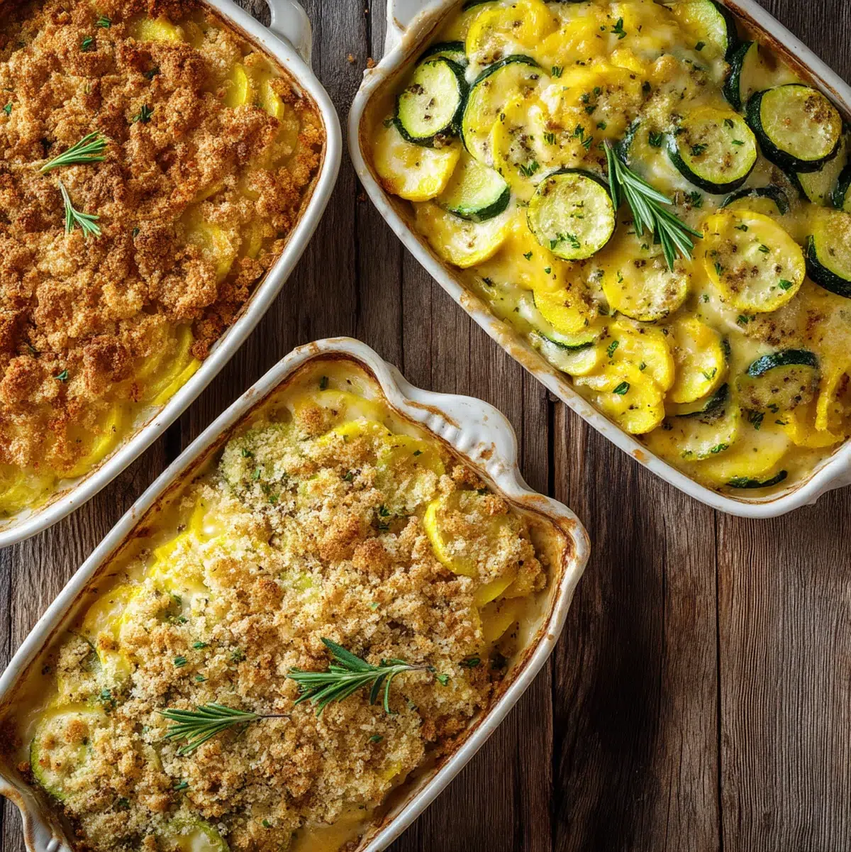 Three variations of squash casserole showing different toppings and mix-ins like zucchini version, herb-crusted version, and protein-added version
