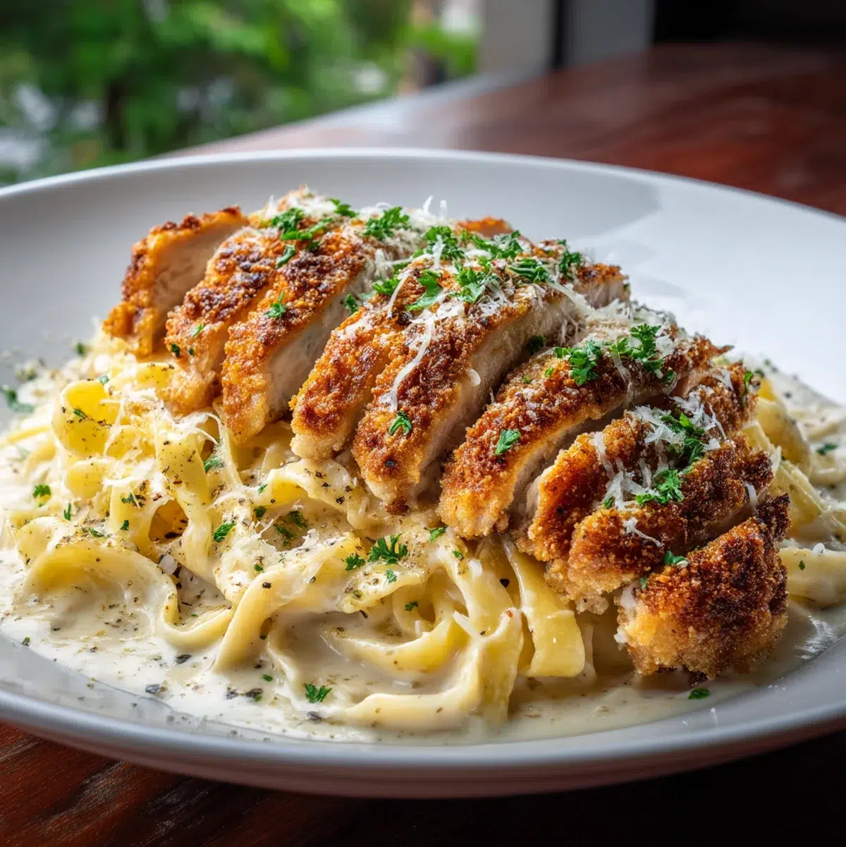 Crispy Chicken with Creamy Pasta fresh and ready to serve