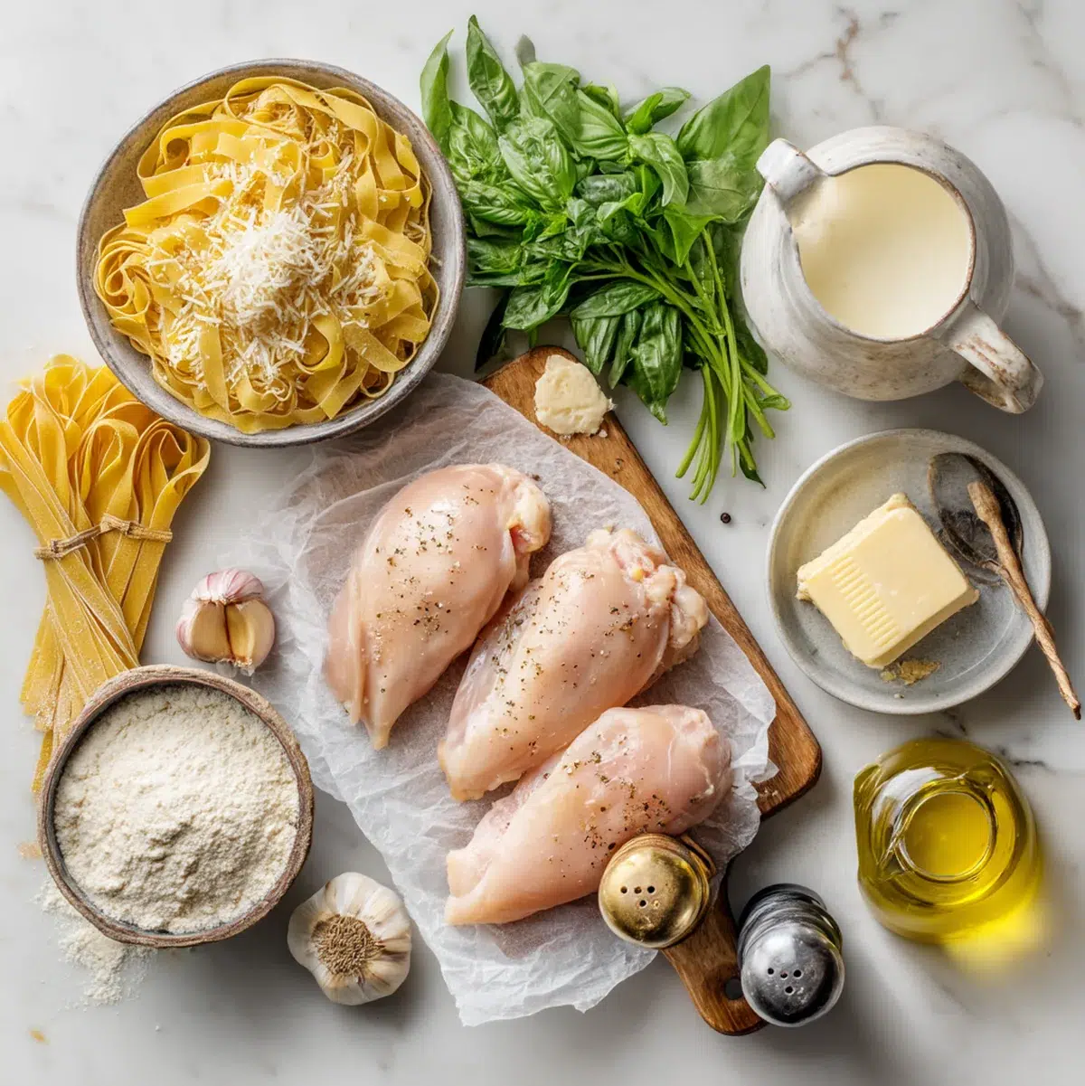 All ingredients measured and laid out on a cutting board