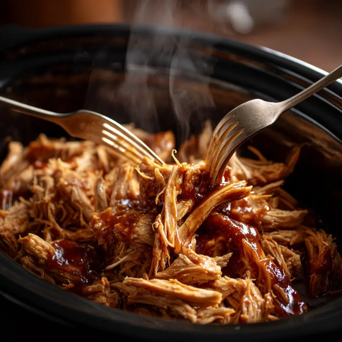 Crockpot BBQ Chicken 5 Shredded BBQ chicken being pulled apart with two forks in a slow cooker