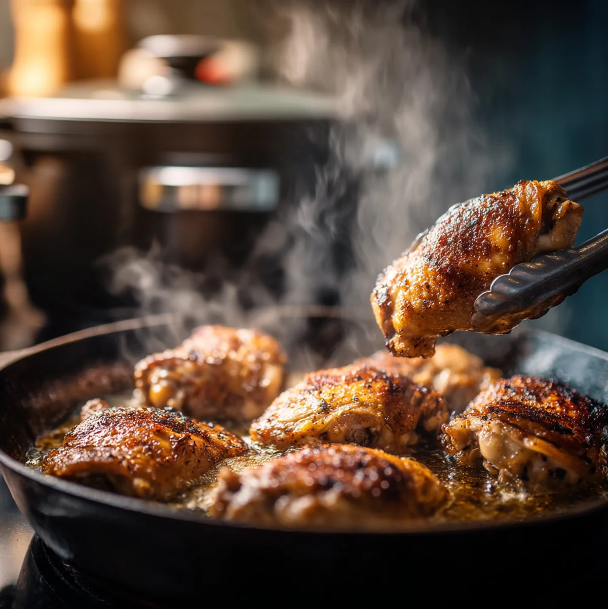 Crockpot BBQ Chicken 4 Chicken thighs browning in a cast iron skillet before going into the crockpot