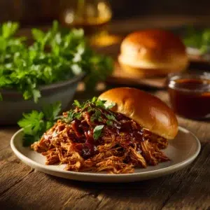 Crockpot BBQ chicken served on a plate, showing glossy sauce and tender shredded chicken