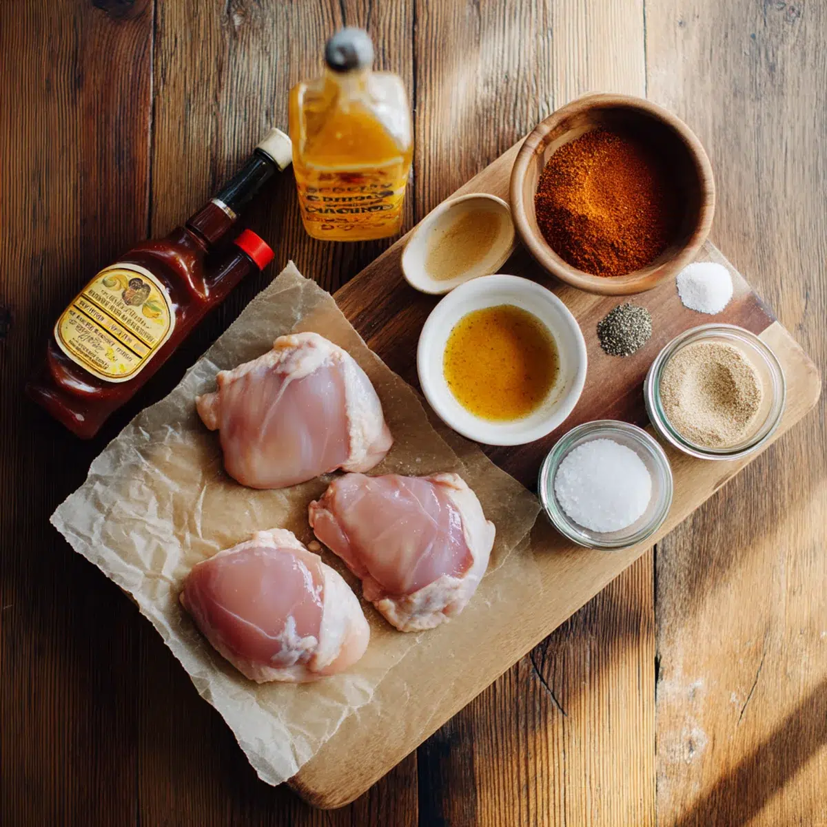Crockpot BBQ Chicken 3 Flat lay of crockpot BBQ chicken ingredients including chicken thighs, BBQ sauce, brown sugar, and spices