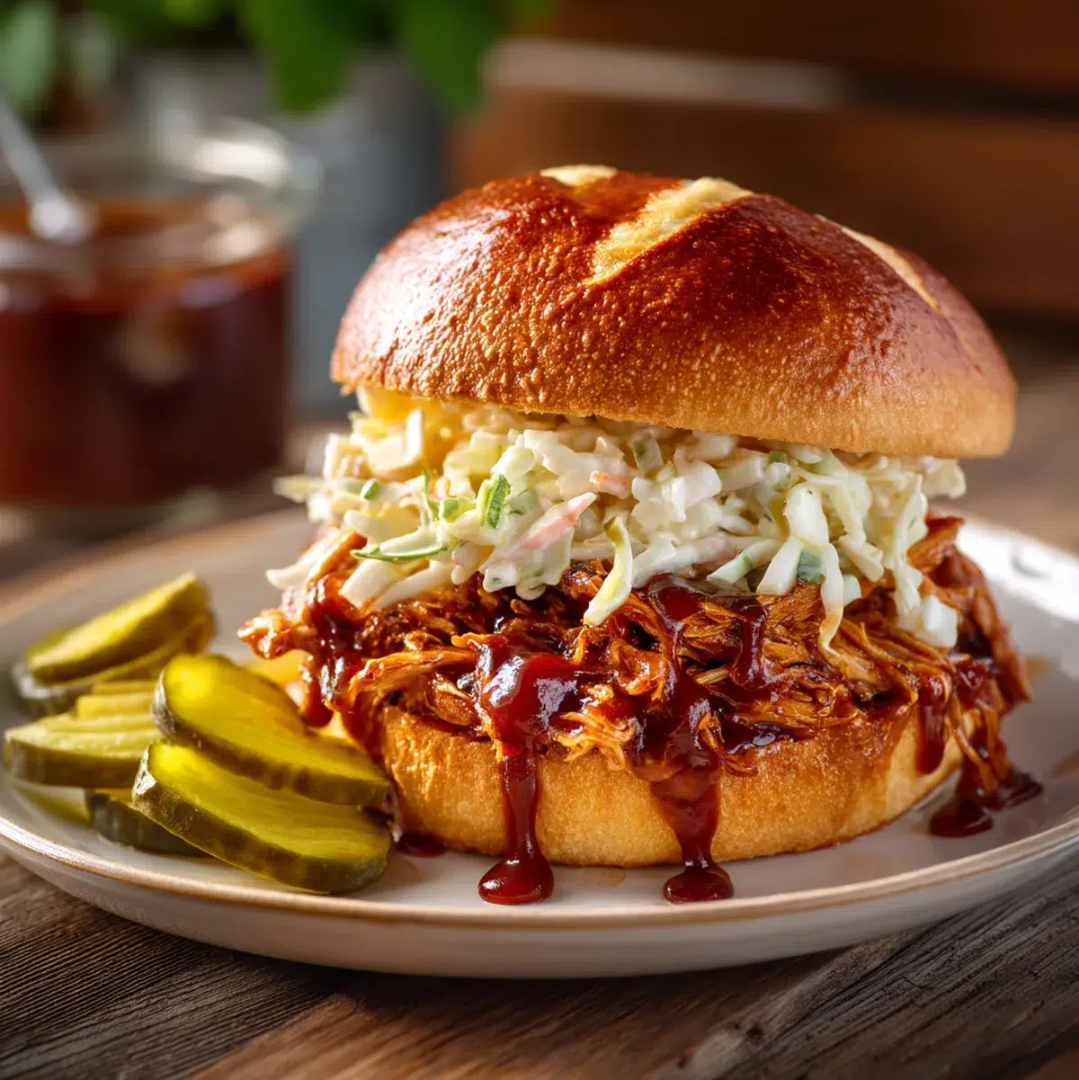 Crockpot BBQ Chicken 6 BBQ chicken sandwich on a brioche bun with coleslaw and pickles
