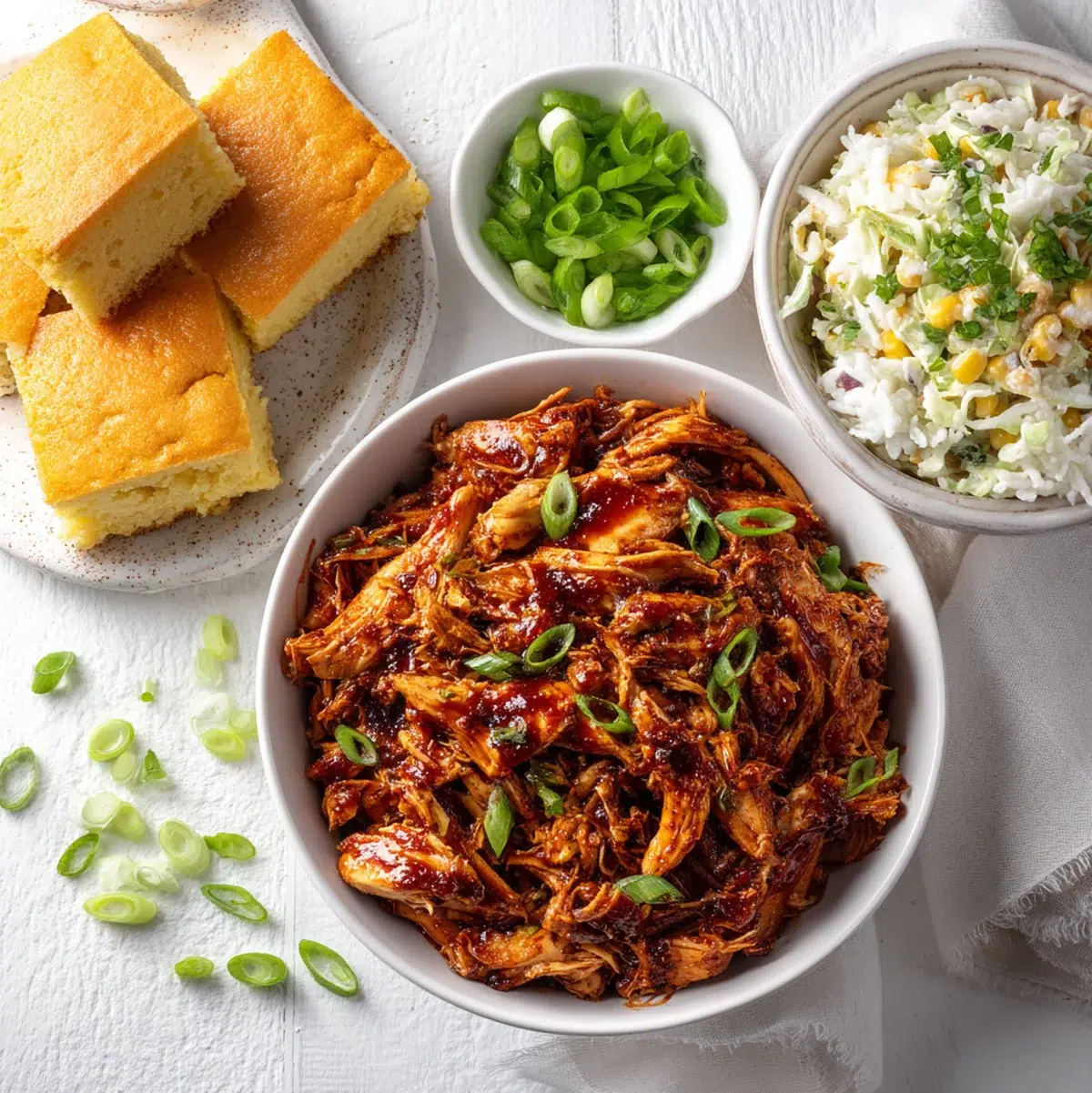 Crockpot BBQ Chicken 7 Overhead view of a crockpot BBQ chicken dinner spread with side dishes