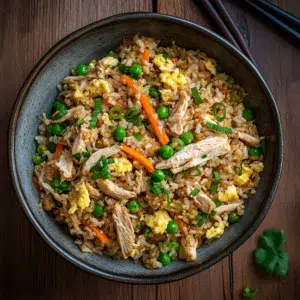 Bowl of crockpot chicken fried rice with shredded chicken, scrambled eggs, peas, carrots, and scallions
